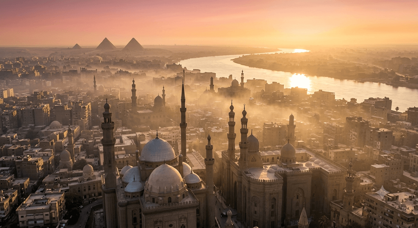 Vue aérienne du Caire au lever du soleil, avec les pyramides de Guizeh à l'horizon
